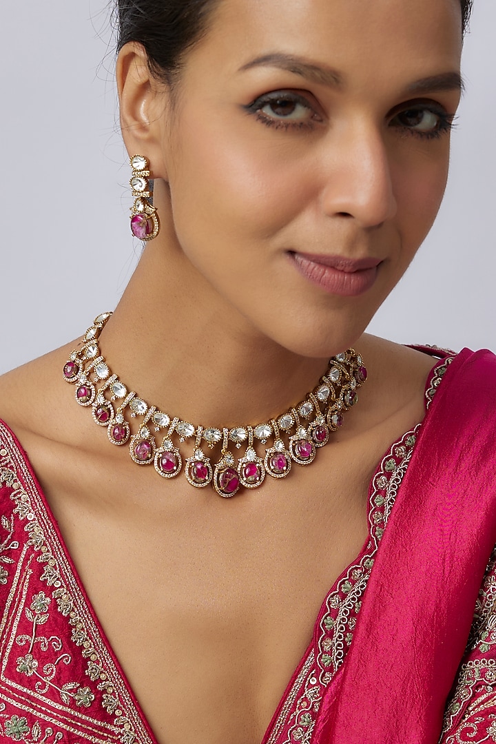 Victorian Finish Uncut Zircon & Mosaic Red Stone Choker Necklace Set by Aryah Jewels at Pernia's Pop Up Shop