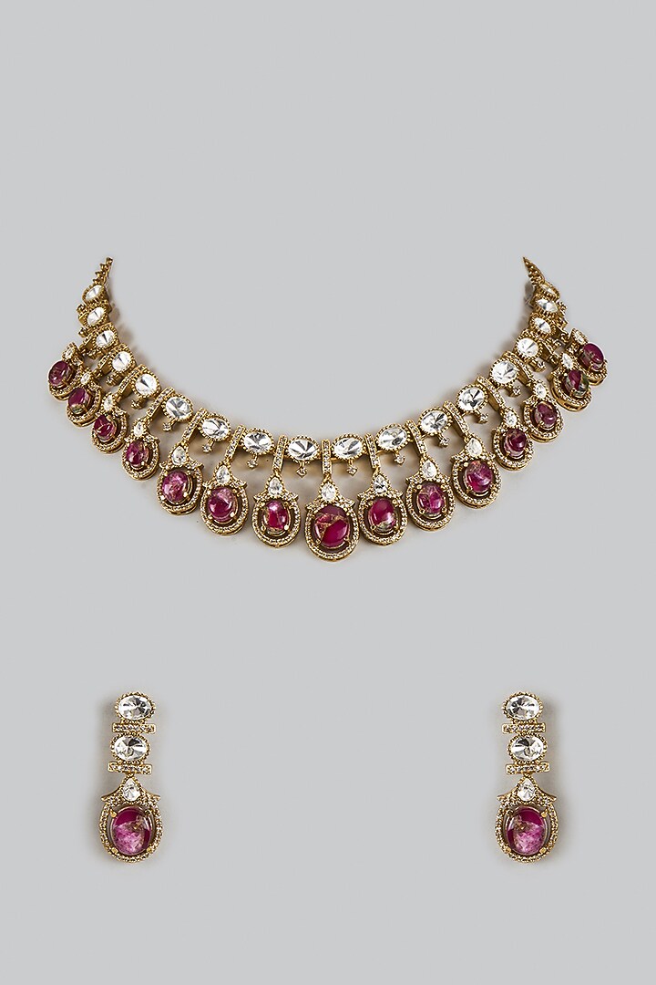 Victorian Finish Uncut Zircon & Mosaic Red Stone Choker Necklace Set by Aryah Jewels at Pernia's Pop Up Shop