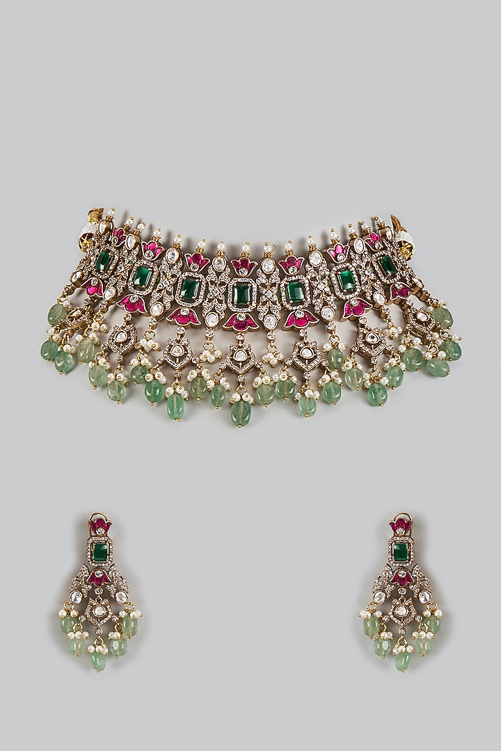 Victorian Finish Uncut Zircon Beaded Choker Necklace Set by Aryah Jewels at Pernia's Pop Up Shop