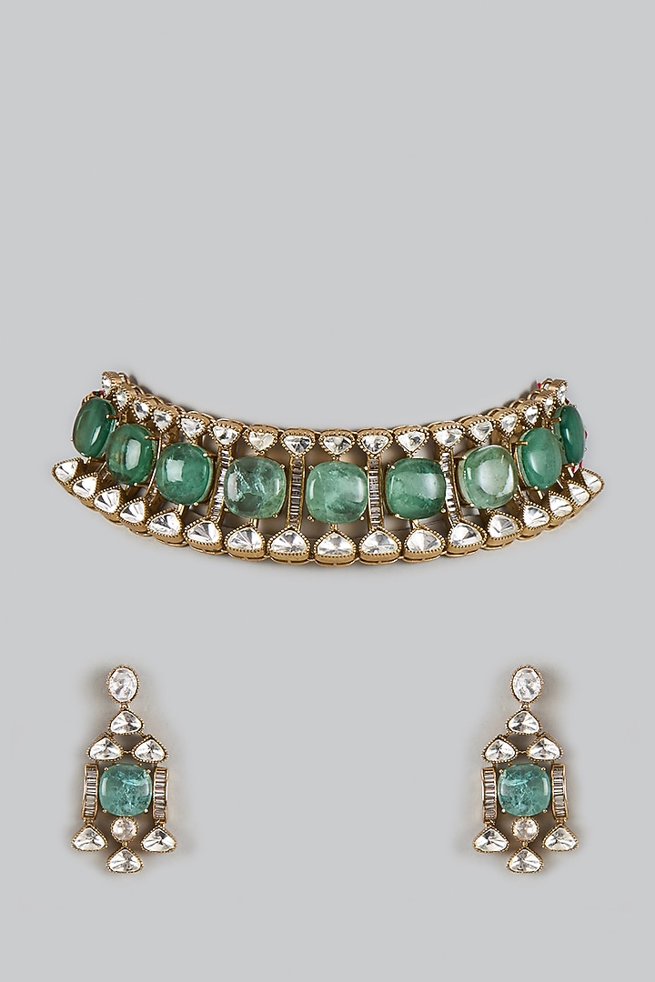 Victorian Finish Uncut Zircon & Mint Green Semi-precious Stone Choker Necklace Set by Aryah Jewels at Pernia's Pop Up Shop