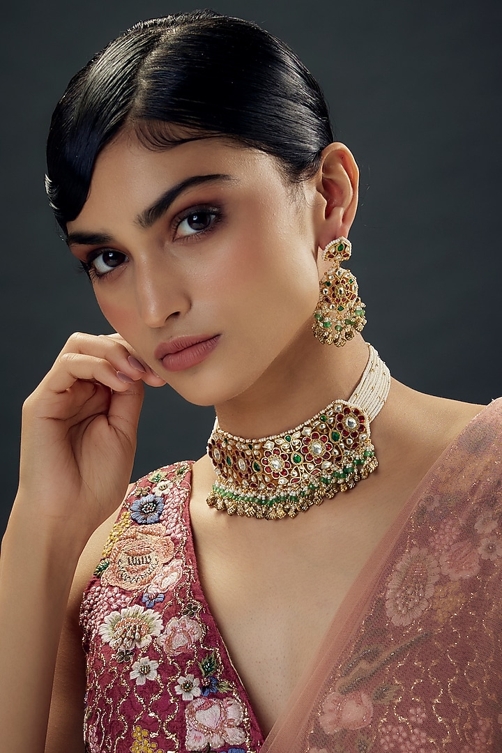 Gold Finish Uncut Zircon & Red Semi-precious Stone Choker Necklace Set by Aryah Jewels at Pernia's Pop Up Shop