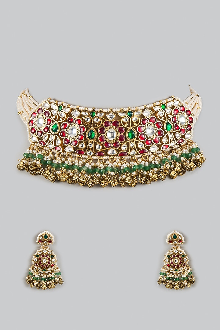 Gold Finish Uncut Zircon & Red Semi-precious Stone Choker Necklace Set by Aryah Jewels at Pernia's Pop Up Shop