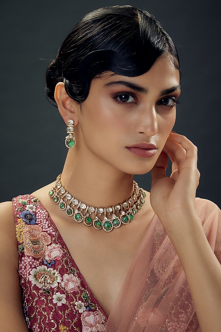 Victorian Finish Uncut Zircon & Mosaic Green Semi-precious Stone Choker Necklace Set by Aryah Jewels at Pernia's Pop Up Shop