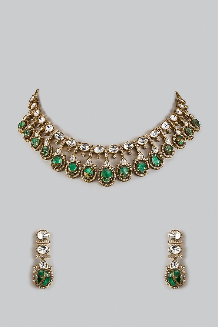 Victorian Finish Uncut Zircon & Mosaic Green Semi-precious Stone Choker Necklace Set by Aryah Jewels at Pernia's Pop Up Shop
