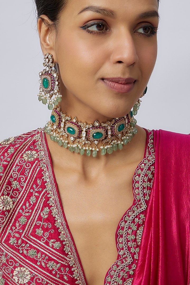 Victorian Finish Uncut Zircon & Emerald Stone Beaded Choker Necklace Set by Aryah Jewels at Pernia's Pop Up Shop