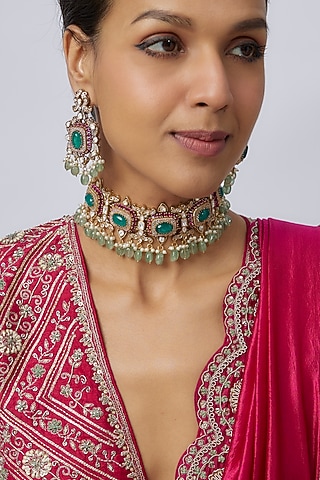 Victorian Finish Uncut Zircon & Emerald Stone Beaded Choker Necklace Set by Aryah Jewels