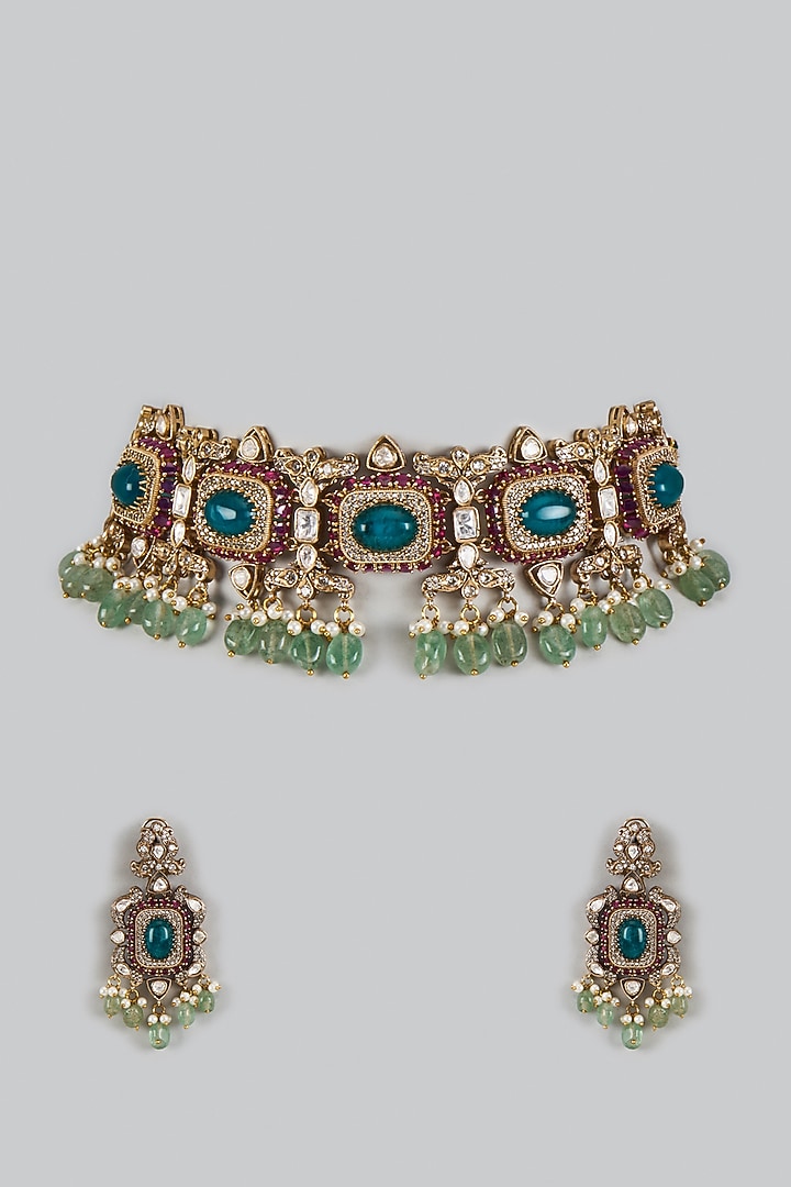 Victorian Finish Uncut Zircon & Emerald Stone Beaded Choker Necklace Set by Aryah Jewels at Pernia's Pop Up Shop