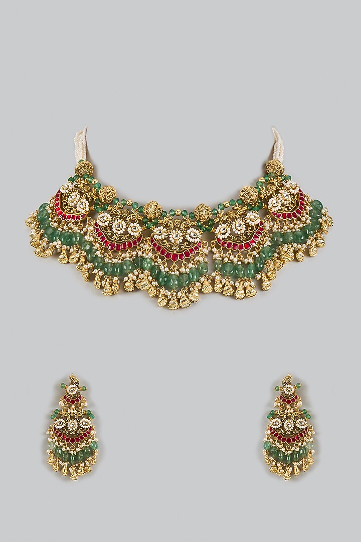 Gold Finish Uncut Zircon & Pink Semi-Precious Stone Choker Necklace Set by Aryah Jewels at Pernia's Pop Up Shop