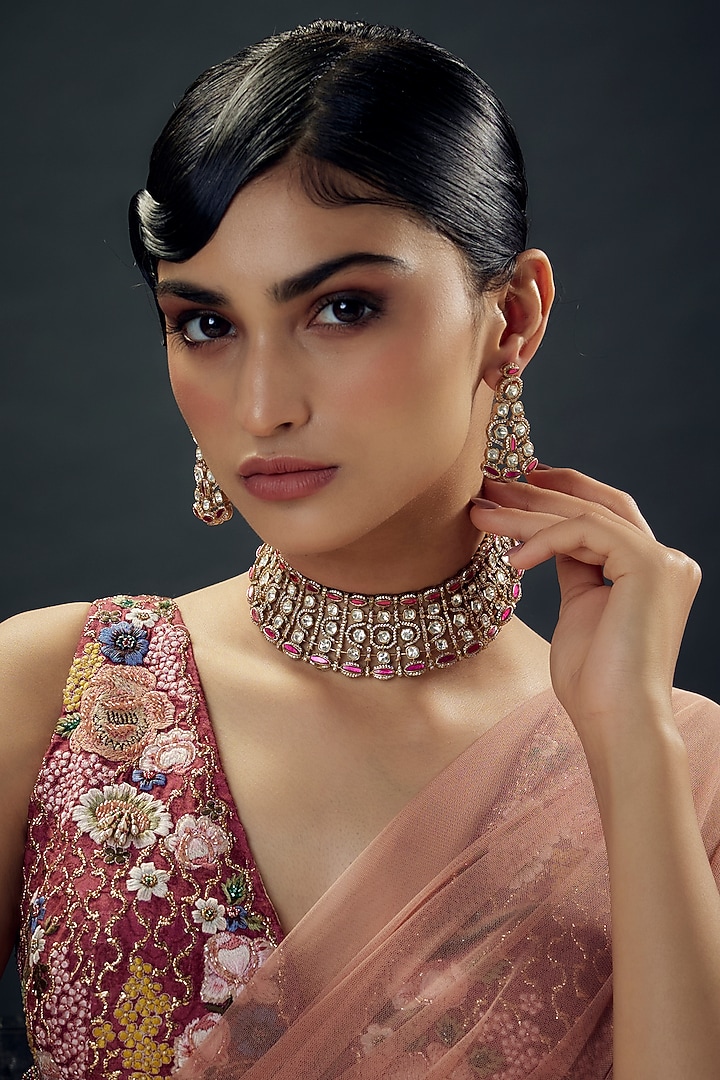 Victorian Finish Uncut Zircon & Pink Synthetic Stone Choker Necklace Set by Aryah Jewels at Pernia's Pop Up Shop