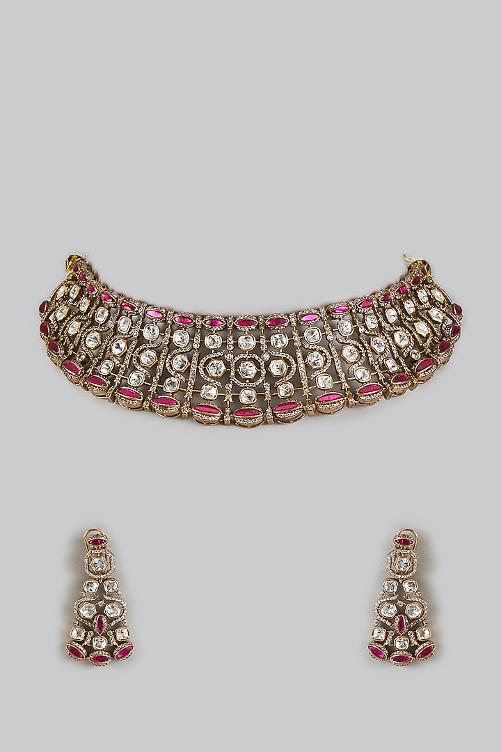 Victorian Finish Uncut Zircon & Pink Synthetic Stone Choker Necklace Set by Aryah Jewels at Pernia's Pop Up Shop