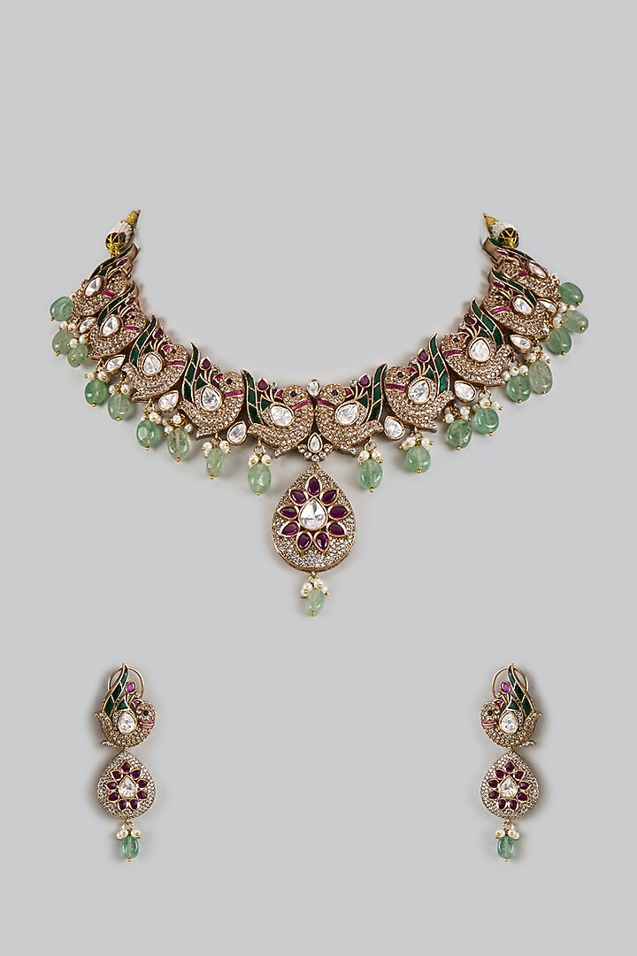 Victorian Finish Uncut Zircon & Ruby Synthetic Stone Choker Necklace Set by Aryah Jewels at Pernia's Pop Up Shop