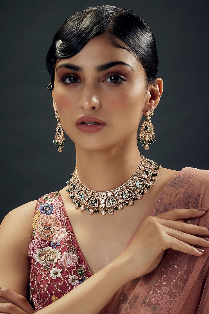 Gold Finish Uncut Zircon & Emerald Synthetic Stone Green Enameled Choker Necklace Set by Aryah Jewels at Pernia's Pop Up Shop
