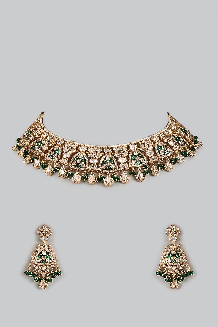 Gold Finish Uncut Zircon & Emerald Synthetic Stone Green Enameled Choker Necklace Set by Aryah Jewels at Pernia's Pop Up Shop
