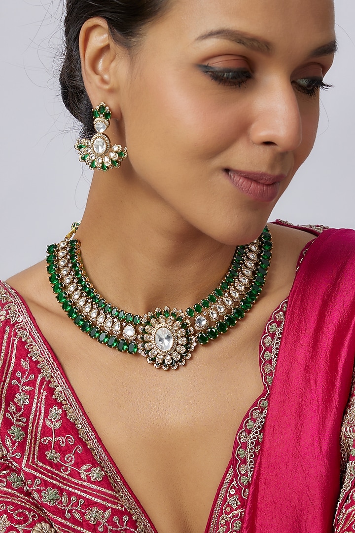 Victorian Finish Uncut Zircon & Synthetic Green Stone Choker Necklace Set by Aryah Jewels at Pernia's Pop Up Shop