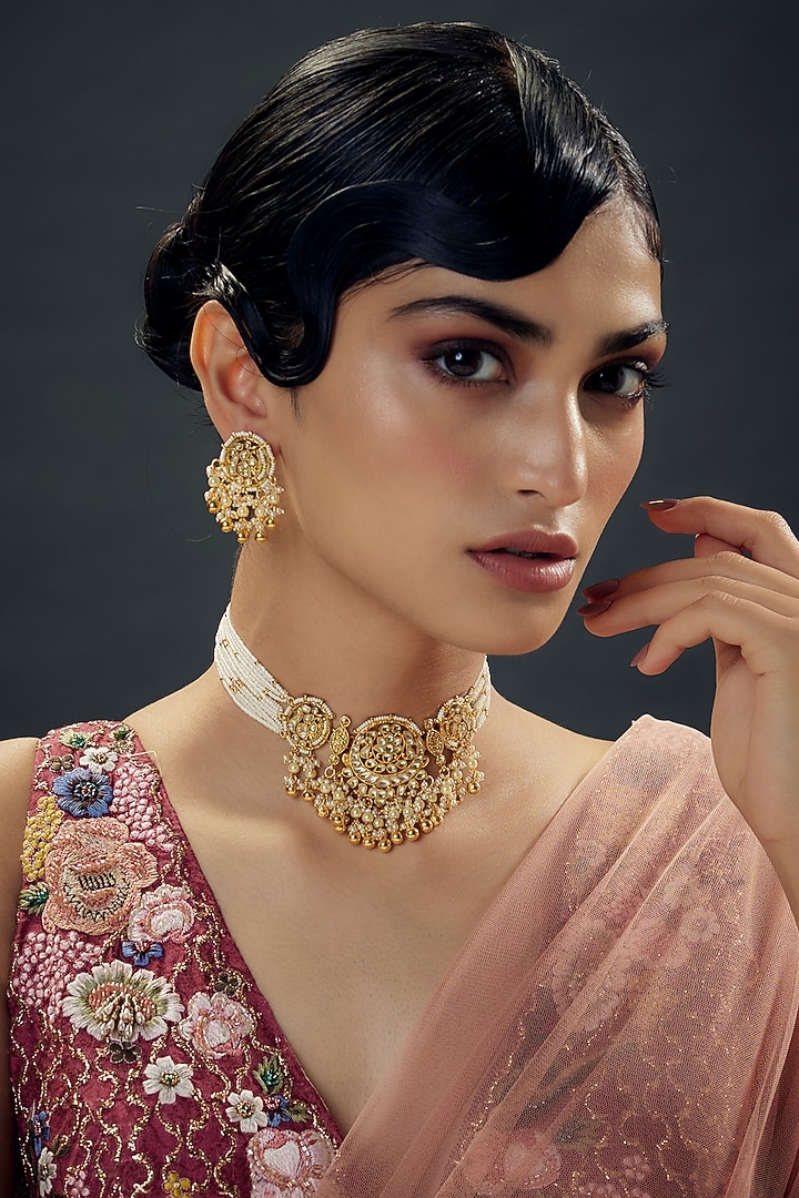 Gold Finish Uncut Zircon & Pearl Choker Necklace Set by Aryah Jewels at Pernia's Pop Up Shop