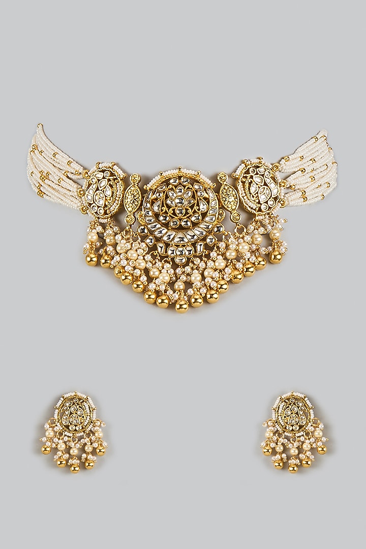 Gold Finish Uncut Zircon & Pearl Choker Necklace Set by Aryah Jewels at Pernia's Pop Up Shop