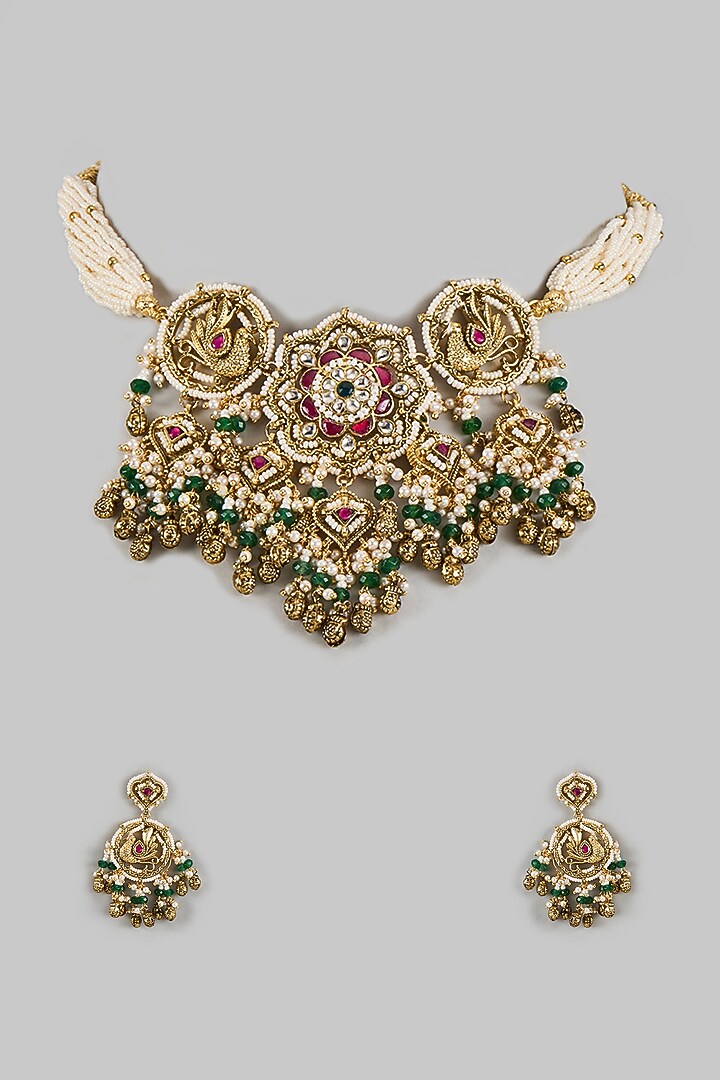 Gold Finish Uncut Zircon & Pearl Choker Necklace Set by Aryah Jewels at Pernia's Pop Up Shop