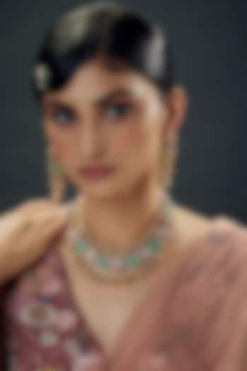 Gold Finish Uncut Zircon & Green Semi-Precious Stone Layered Necklace Set by Aryah Jewels at Pernia's Pop Up Shop