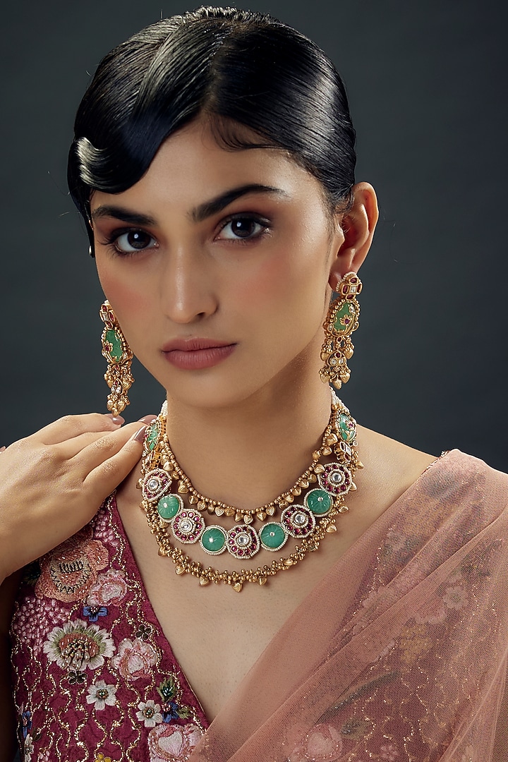 Gold Finish Uncut Zircon & Green Semi-Precious Stone Layered Necklace Set by Aryah Jewels at Pernia's Pop Up Shop