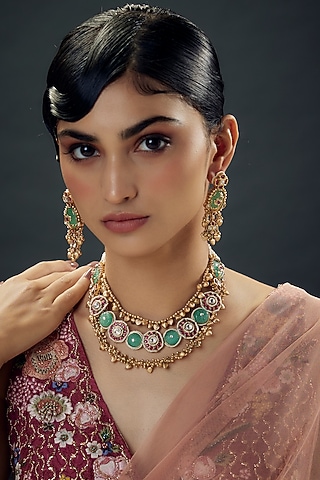 Gold Finish Uncut Zircon & Green Semi-Precious Stone Layered Necklace Set by Aryah Jewels