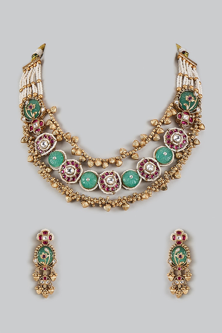 Gold Finish Uncut Zircon & Green Semi-Precious Stone Layered Necklace Set by Aryah Jewels at Pernia's Pop Up Shop
