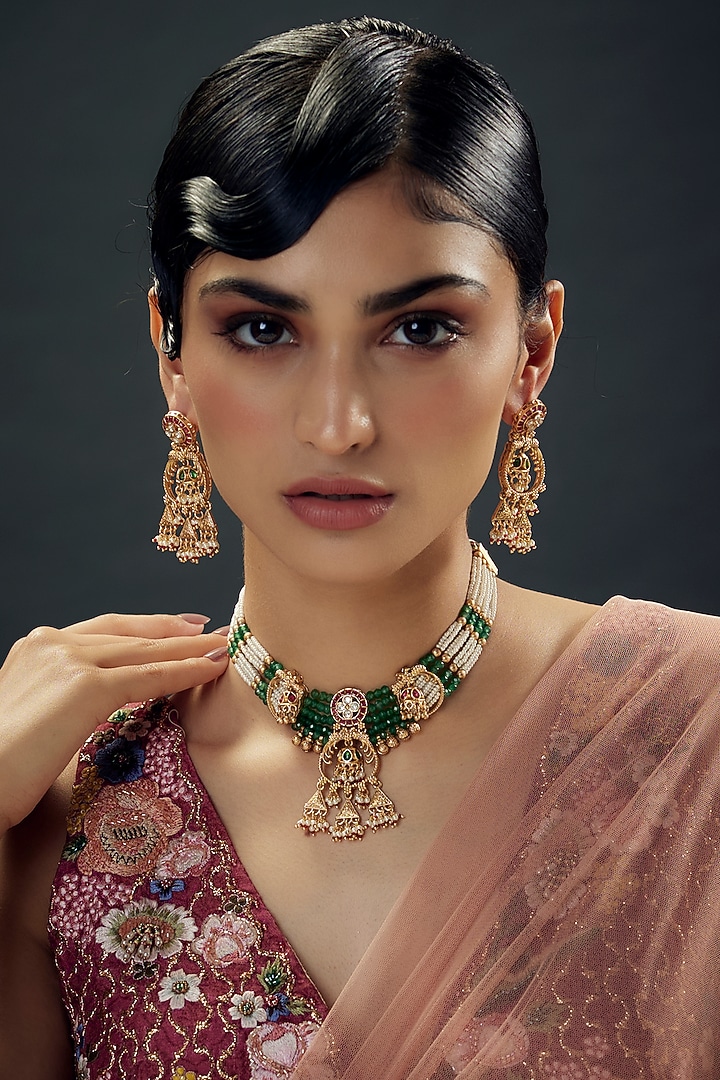 Gold Finish Uncut Zircon & Red Semi-Precious Stone Choker Necklace Set by Aryah Jewels at Pernia's Pop Up Shop