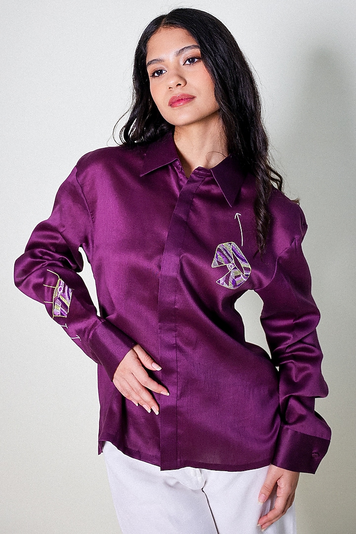 Purple Linen Satin Hand Embroidered Shirt by ARYA GIRI at Pernia's Pop Up Shop