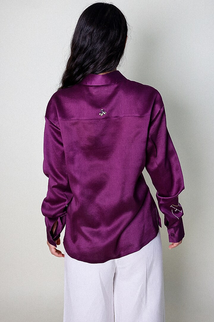 Purple Linen Satin Hand Embroidered Shirt by ARYA GIRI at Pernia's Pop Up Shop