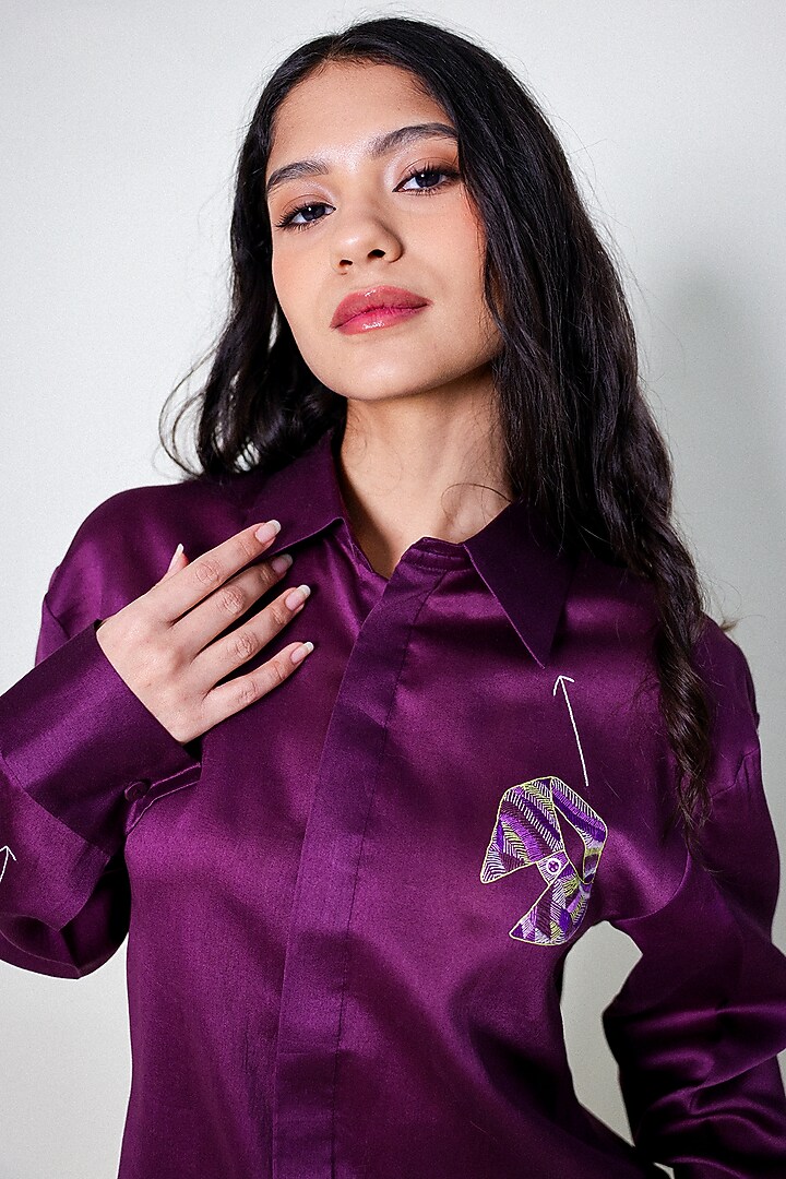 Purple Linen Satin Hand Embroidered Shirt by ARYA GIRI at Pernia's Pop Up Shop