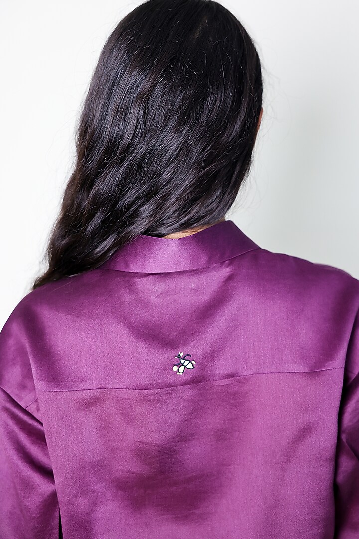 Purple Linen Satin Hand Embroidered Shirt by ARYA GIRI at Pernia's Pop Up Shop
