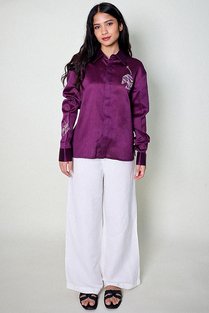 Purple Linen Satin Hand Embroidered Shirt by ARYA GIRI at Pernia's Pop Up Shop