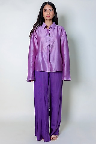 Purple Cotton Silk Knife Pleated Pants by ARYA GIRI