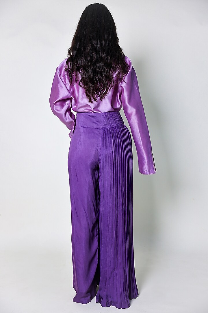 Purple Cotton Silk Knife Pleated Pants by ARYA GIRI at Pernia's Pop Up Shop