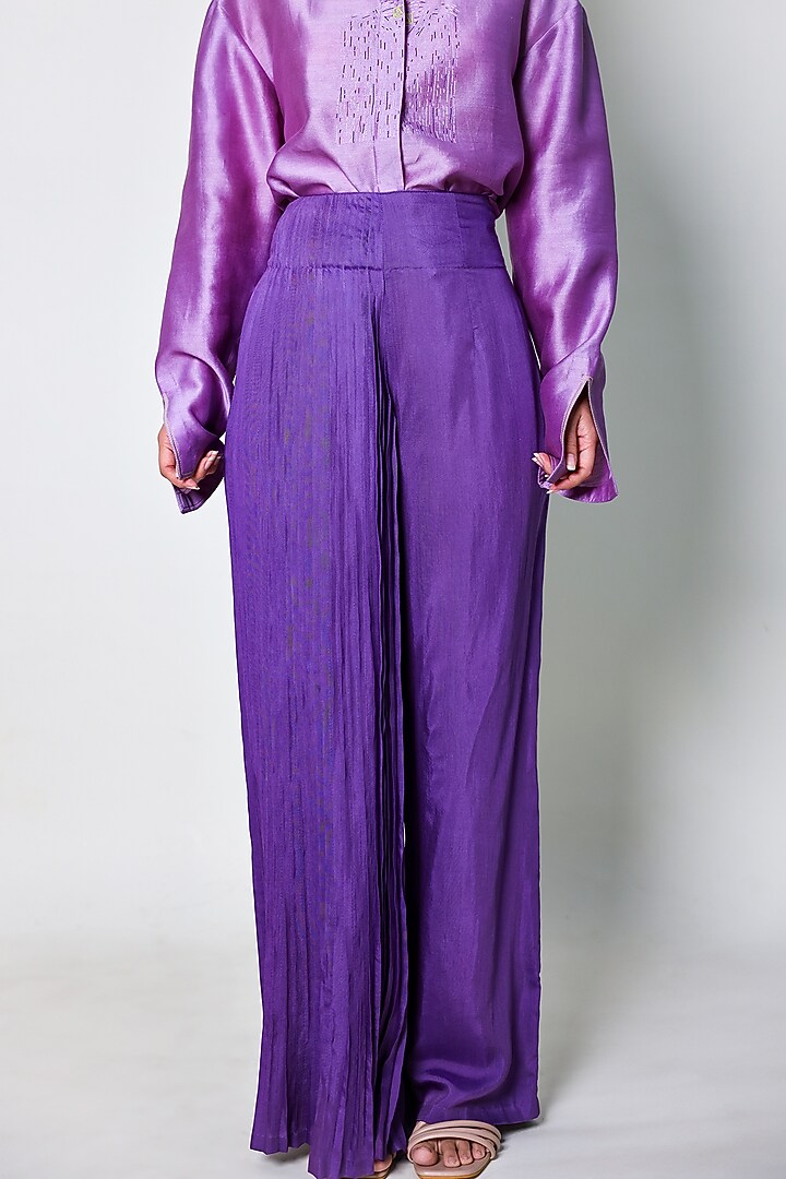 Purple Cotton Silk Knife Pleated Pants by ARYA GIRI at Pernia's Pop Up Shop