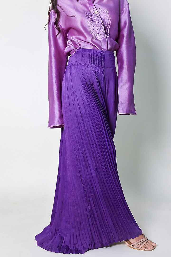 Purple Cotton Silk Knife Pleated Pants by ARYA GIRI at Pernia's Pop Up Shop