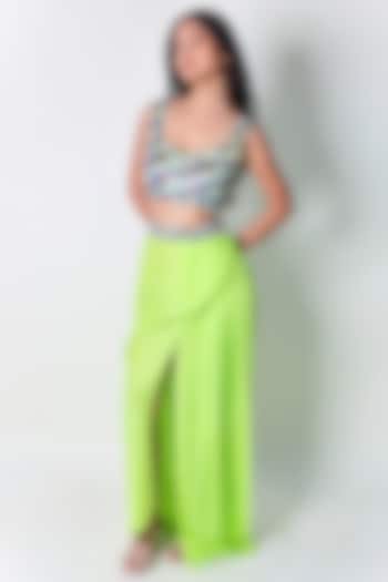 Green Cotton Silk Hand Embroidered Pleated Skirt by ARYA GIRI at Pernia's Pop Up Shop