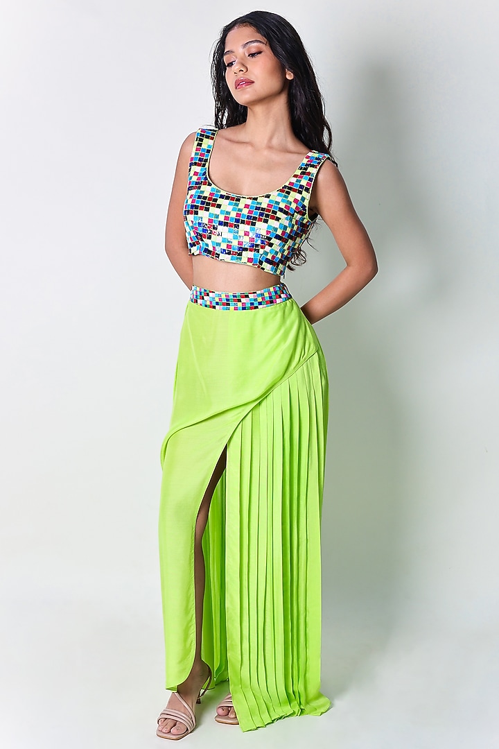Green Cotton Silk Hand Embroidered Pleated Skirt by ARYA GIRI at Pernia's Pop Up Shop