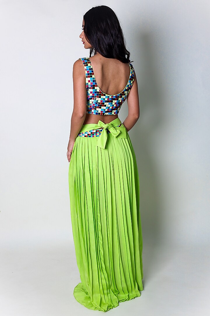 Green Cotton Silk Hand Embroidered Pleated Skirt by ARYA GIRI at Pernia's Pop Up Shop