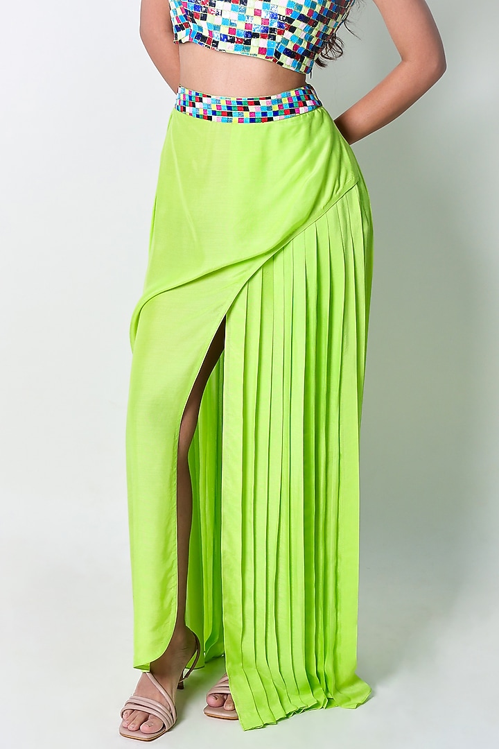 Green Cotton Silk Hand Embroidered Pleated Skirt by ARYA GIRI at Pernia's Pop Up Shop