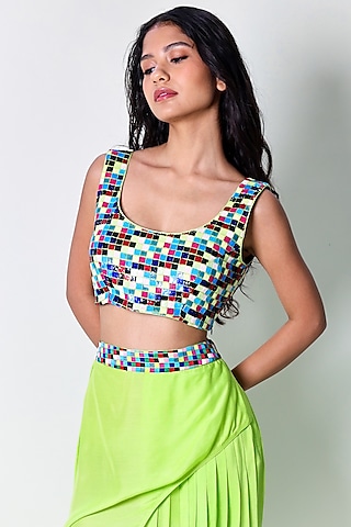 Green Cotton Silk Hand Embroidered Bralette by ARYA GIRI