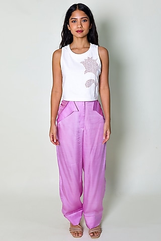 Purple Satin Straight Fit Trousers by ARYA GIRI
