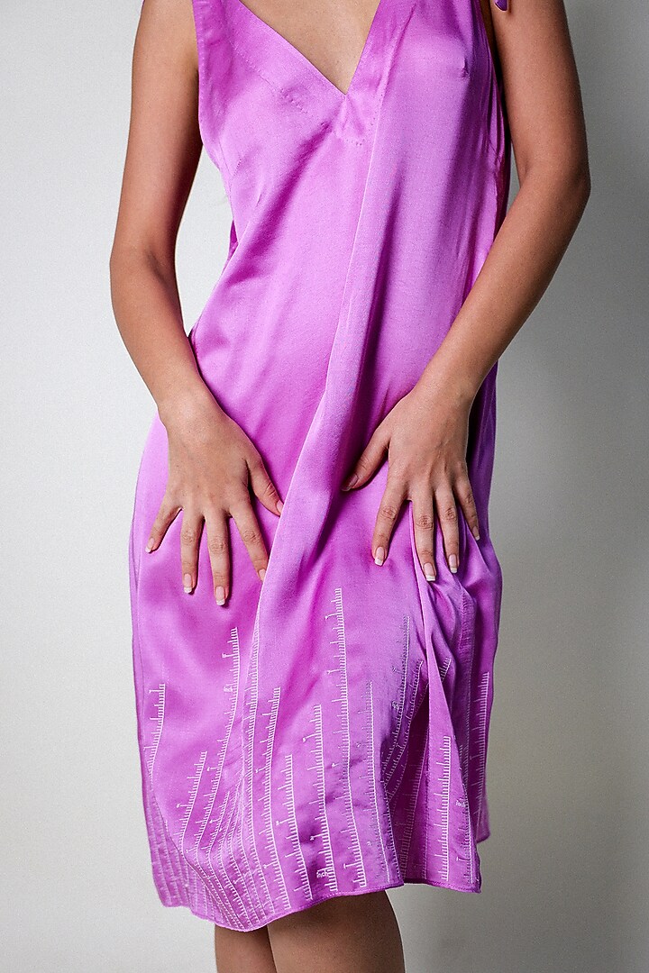 Purple Satin Hand Embroidered Midi Slip Vacation Dress by ARYA GIRI at Pernia's Pop Up Shop