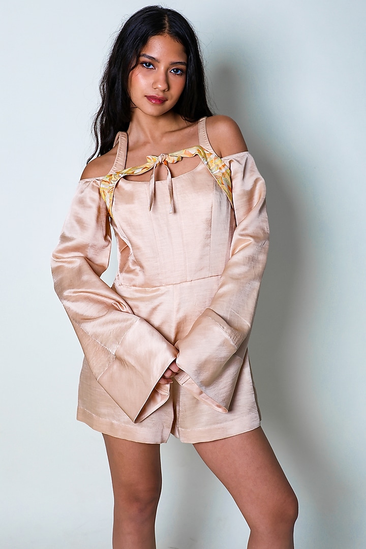 Ivory Linen Satin Hand Embroidered Playsuit by ARYA GIRI at Pernia's Pop Up Shop
