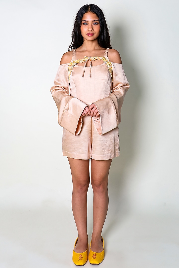 Ivory Linen Satin Hand Embroidered Playsuit by ARYA GIRI at Pernia's Pop Up Shop