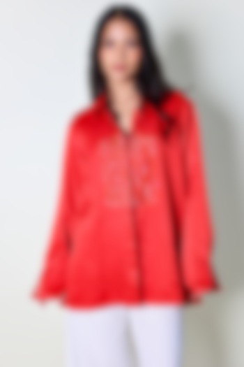Red Linen Satin Hand Embroidered Shirt by ARYA GIRI at Pernia's Pop Up Shop