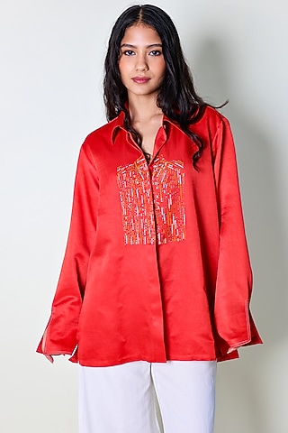 Red Linen Satin Hand Embroidered Shirt by ARYA GIRI