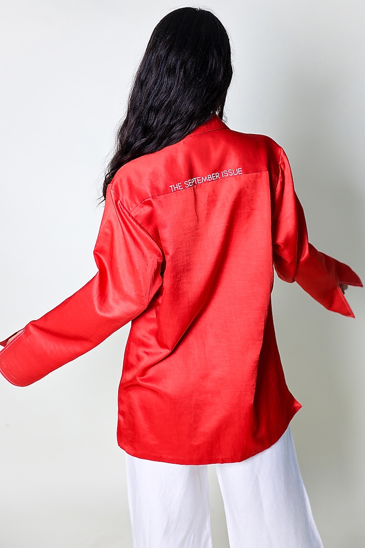 Red Linen Satin Hand Embroidered Shirt by ARYA GIRI at Pernia's Pop Up Shop