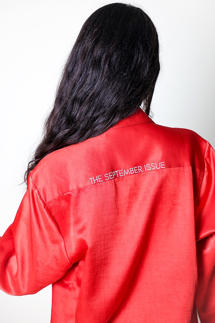 Red Linen Satin Hand Embroidered Shirt by ARYA GIRI at Pernia's Pop Up Shop