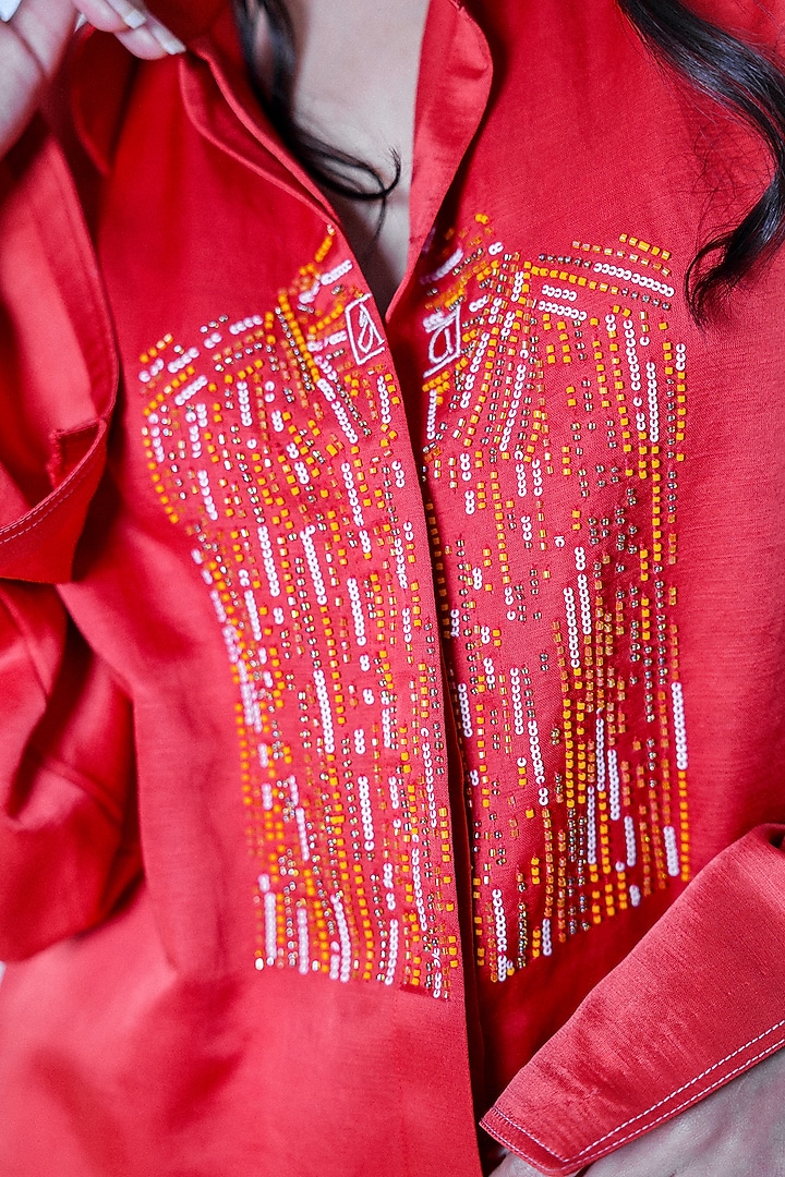 Red Linen Satin Hand Embroidered Shirt by ARYA GIRI at Pernia's Pop Up Shop