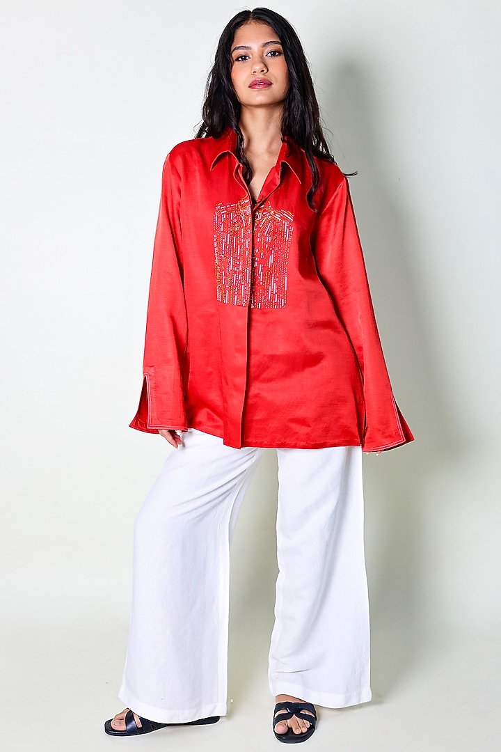 Red Linen Satin Hand Embroidered Shirt by ARYA GIRI at Pernia's Pop Up Shop
